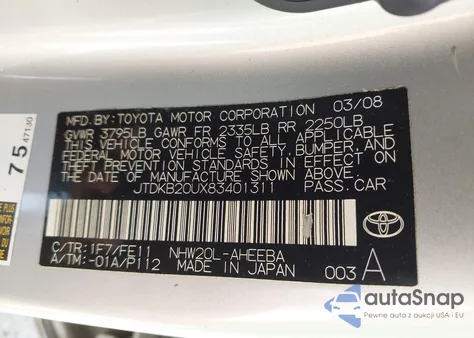 2008 Toyota Prius z USA, uszkodzony, nr VIN JTDKB20UX83401311